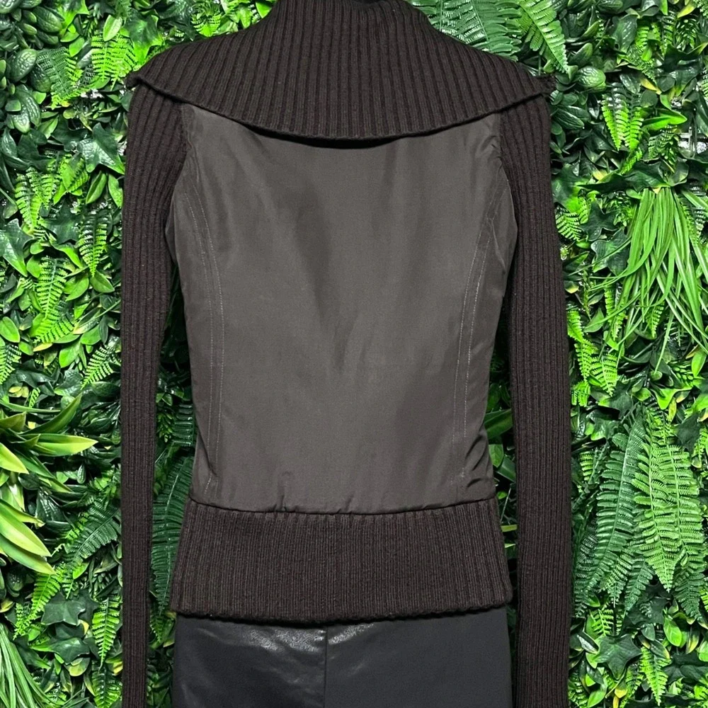Tahari‎ Jacket Womens XS Dark Brown Wool Ribbed Knit Mixed Media Zip 3598